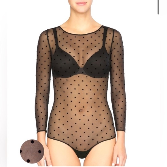 SPANX - Smoothing Mesh Flocked Dot Thong Bodysuit sheer - Picture 1 of 5